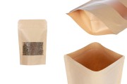 Sacchetti in carta kraft tipo Doy Pack termosaldabili 90x30x140 mm, con chiusura a zip e finestra, fodera interna ed esterna trasparente - 100 pz