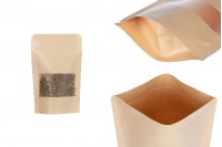 Sachets en papier kraft de type Doypack 90x30x140 mm, avec fermeture zip et fenêtre, revêtement intérieur et extérieur transparent et possibilité de fermeture par thermoscellage - 100 pcs