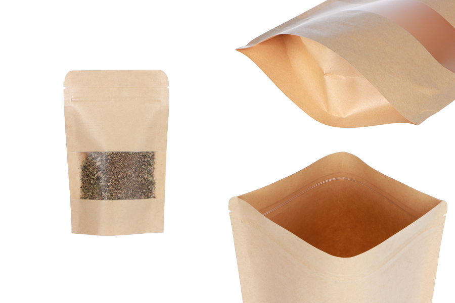 Standbodenbeutel aus Kraftpapier mit Sichtfenster und Druckverschluss, verschließbar 90x30x140mm - 100 Stücke