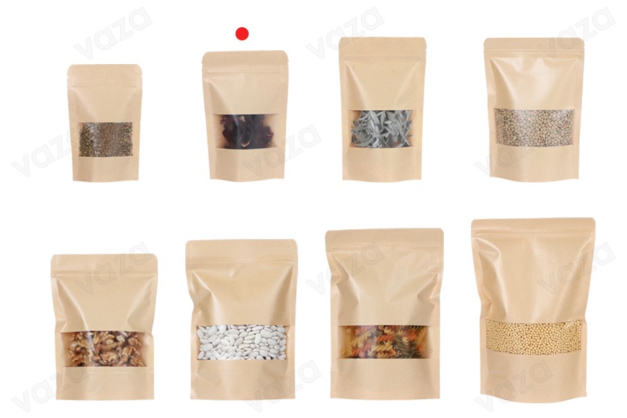 Standbodenbeutel aus Kraftpapier 100x30x150mm mit Sichtfenster und Druckverschluss, verschließbar - 100 Stücke-bildgruppe