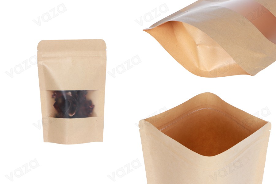Standbodenbeutel aus Kraftpapier 100x30x150mm mit Sichtfenster und Druckverschluss, verschließbar - 100 Stücke-produktbild