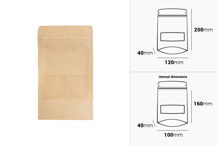 Standbodenbeutel aus Kraftpapier mit Sichtfenster und Druckverschluss, verschließbar 120x40x200mm - 100 Stücke Standbodenbeutel aus Kraftpapier mit Sichtfenster und Druckverschluss, verschließbar 120x40x200mm - 100 Stücke