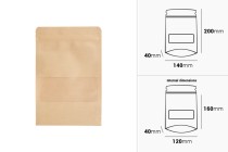Standbodenbeutel aus Kraftpapier mit Sichtfenster und Druckverschluss, verschließbar 140x40x200mm - 100 Stücke