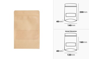 Standbodenbeutel aus Kraftpapier mit Sichtfenster und Druckverschluss, verschließbar 140x40x200mm - 100 Stücke-2