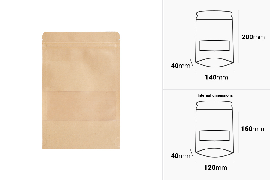 Standbodenbeutel aus Kraftpapier mit Sichtfenster und Druckverschluss, verschließbar 140x40x200mm - 100 Stücke