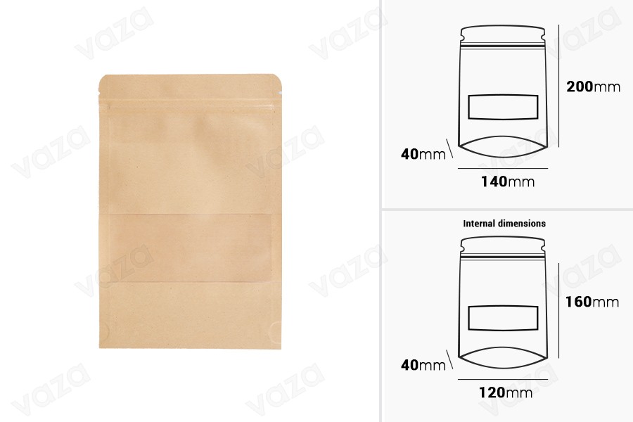 Standbodenbeutel aus Kraftpapier mit Sichtfenster und Druckverschluss, verschließbar 140x40x200mm - 100 Stücke-bildabmessungen