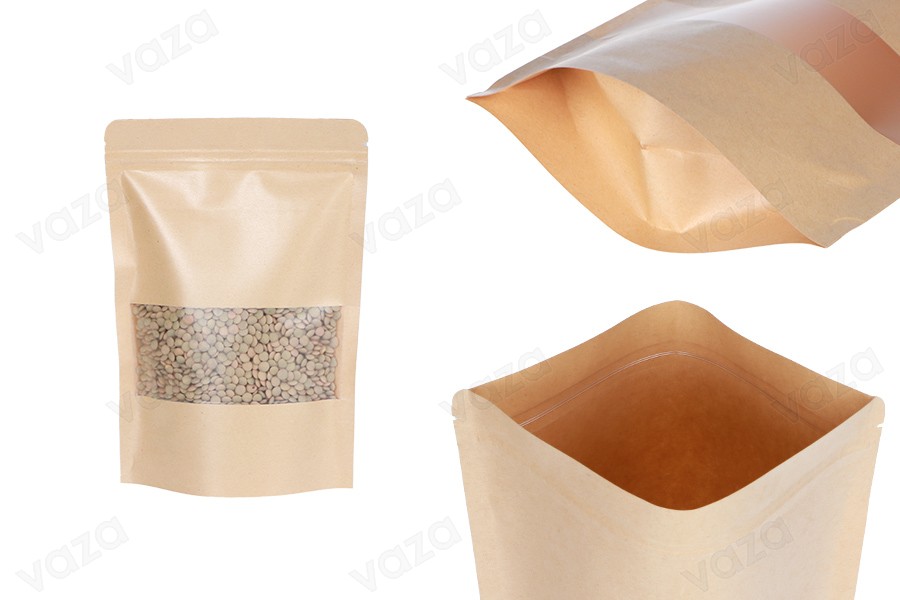 Standbodenbeutel aus Kraftpapier mit Sichtfenster und Druckverschluss, verschließbar 140x40x200mm - 100 Stücke-produktbild