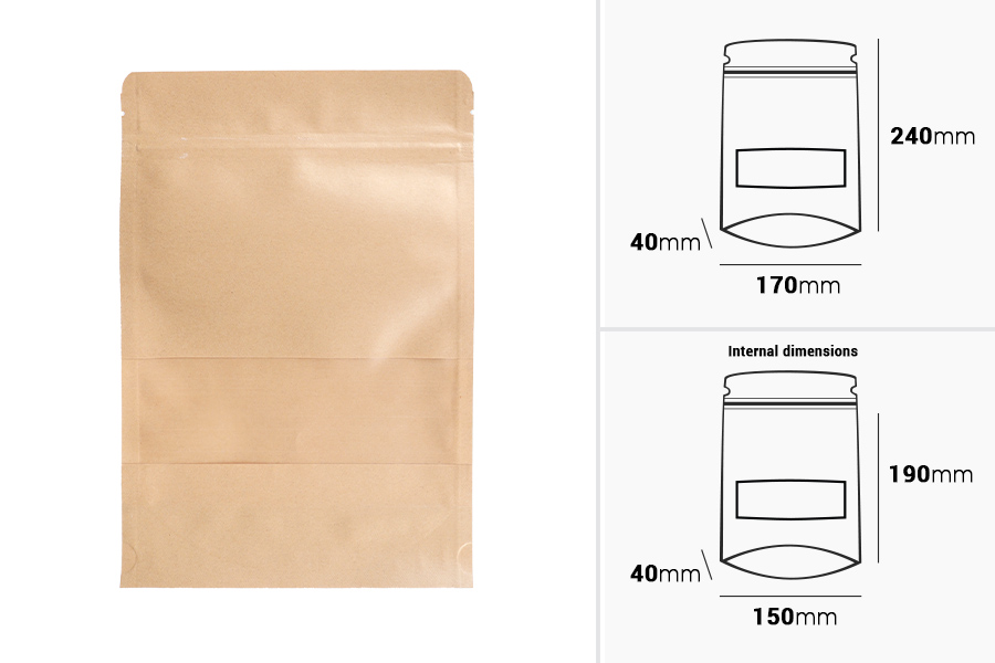 Standbodenbeutel aus Kraftpapier 170x40x240mm mit Sichtfenster und Druckverschluss, verschließbar - 100 Stücke Standbodenbeutel aus Kraftpapier 170x40x240mm mit Sichtfenster und Druckverschluss, verschließbar - 100 Stücke