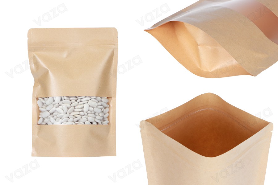 Standbodenbeutel aus Kraftpapier 170x40x240mm mit Sichtfenster und Druckverschluss, verschließbar - 100 Stücke Standbodenbeutel aus Kraftpapier 170x40x240mm mit Sichtfenster und Druckverschluss, verschließbar - 100 Stücke-εικόνα_προϊοντική