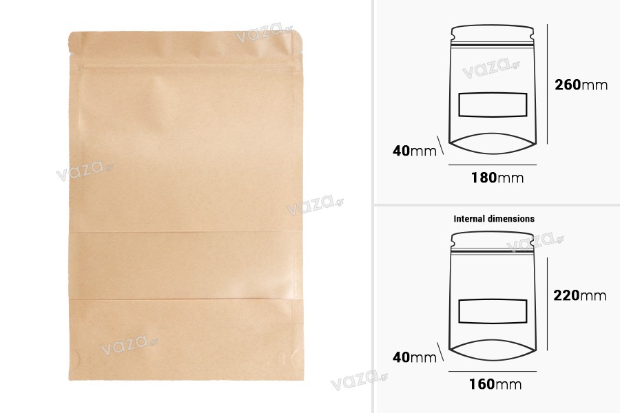 Σακουλάκια κραφτ τύπου Doy Pack 180x40x260 mm, με κλείσιμο zip, παράθυρο, εσωτερική και εξωτερική διάφανη επένδυση και δυνατότητα σφράγισης με θερμοκόλληση - 100 τμχ