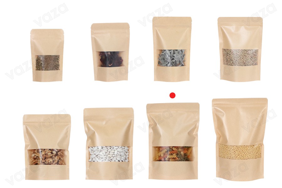 Sachets en papier kraft de type Doypack 180x40x260 mm, avec fermeture zip et fenêtre, revêtement intérieur et extérieur transparent et possibilité de fermeture par thermoscellage - 100 pcs-εικόνα_σύνθεση