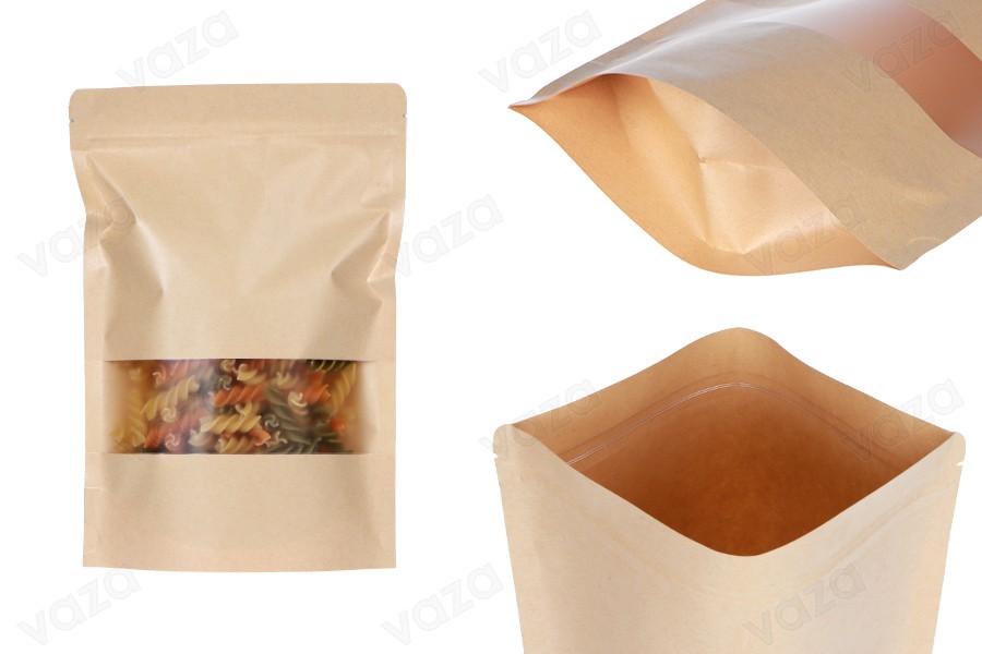 Sachets en papier kraft de type Doypack 180x40x260 mm, avec fermeture zip et fenêtre, revêtement intérieur et extérieur transparent et possibilité de fermeture par thermoscellage - 100 pcs-εικόνα_προϊοντική