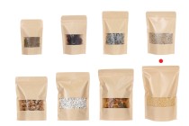 Sachets en papier kraft de type Doypack 200x50x300 mm, avec fermeture zip et fenêtre, revêtement intérieur et extérieur transparent et possibilité de fermeture par thermoscellage - 100 pcs