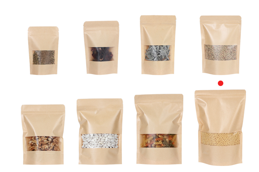 Sachets en papier kraft de type Doypack 200x50x300 mm, avec fermeture zip et fenêtre, revêtement intérieur et extérieur transparent et possibilité de fermeture par thermoscellage - 100 pcs