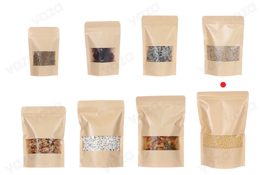 Sachets en papier kraft de type Doypack 200x50x300 mm, avec fermeture zip et fenêtre, revêtement intérieur et extérieur transparent et possibilité de fermeture par thermoscellage - 100 pcs-εικόνα_σύνθεση