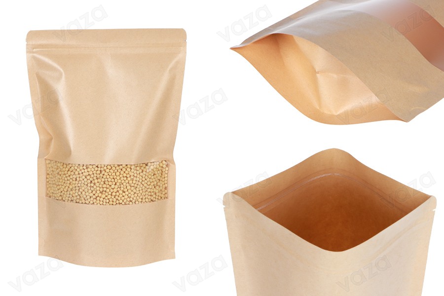 Sachets en papier kraft de type Doypack 200x50x300 mm, avec fermeture zip et fenêtre, revêtement intérieur et extérieur transparent et possibilité de fermeture par thermoscellage - 100 pcs-εικόνα_προϊοντική