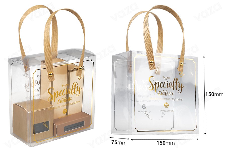 Boîte - sac cadeau 150x75x150 mm plastique transparent avec poignée - 12 pcs Boîte - sac cadeau 150x75x150 mm plastique transparent avec poignée - 12 pcs-photo_dimensions