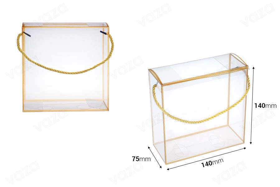 Coffret cadeau - sac 140 x 75 x 140 mm en plastique transparent avec cordon pour poignée - 12 pièces Coffret cadeau - sac 140 x 75 x 140 mm en plastique transparent avec cordon pour poignée - 12 pièces-εικόνα_διαστάσεις