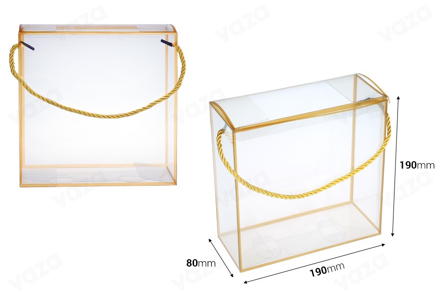 Boîte - sac cadeau 190x80x190 mm en plastique transparent avec ficelle pour poignée - 12 pcs Boîte - sac cadeau 190x80x190 mm en plastique transparent avec ficelle pour poignée - 12 pcs-photo_dimensions