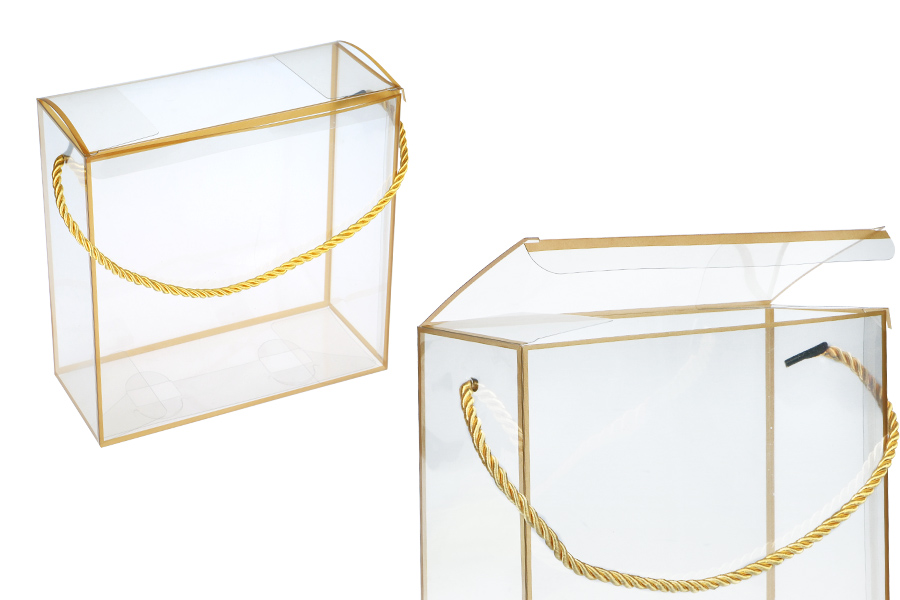 Boîte - sac cadeau 190x80x190 mm en plastique transparent avec ficelle pour poignée - 12 pcs Boîte - sac cadeau 190x80x190 mm en plastique transparent avec ficelle pour poignée - 12 pcs