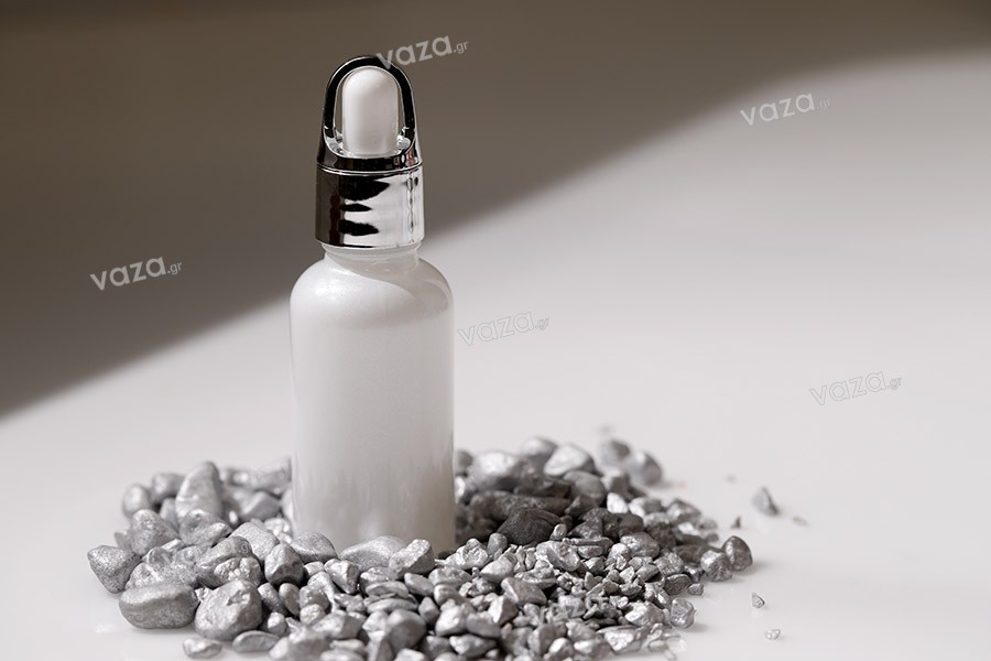 Γυάλινο μπουκαλάκι για αιθέρια έλαια 30 ml λευκό περλέ με στόμιο PP18