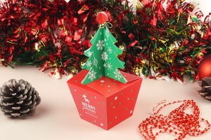 Christmas paper gift box 85x85x230 mm with christmaw tree and bell - 10 pcs-3