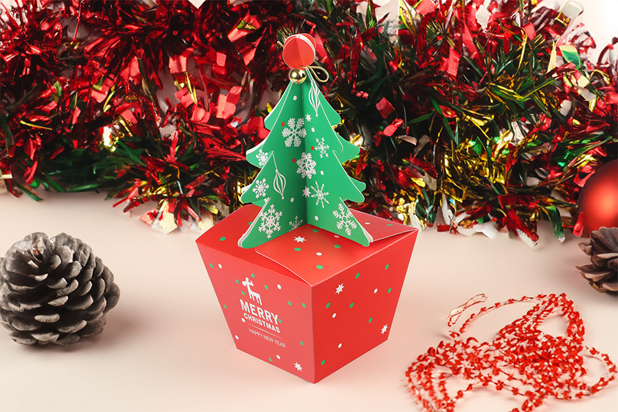 Christmas paper gift box 85x85x230mm with christmaw tree and bell - 10 pcs