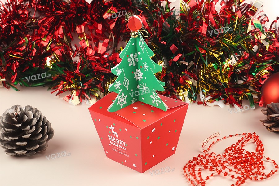Χριστουγεννιάτικο χάρτινο κουτί δώρου 85x85x230 mm με δέντρο και κουδουνάκι - 10 τμχ