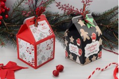 Χριστουγεννιάτικο χάρτινο κουτί δώρου 90x90x155 mm με κορδέλα και καρτελάκι  - 10 τμχ