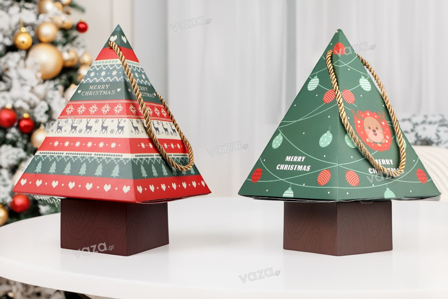 Christmas paper gift box 150x150x240 mm in tree shape with cord - 10 pcs