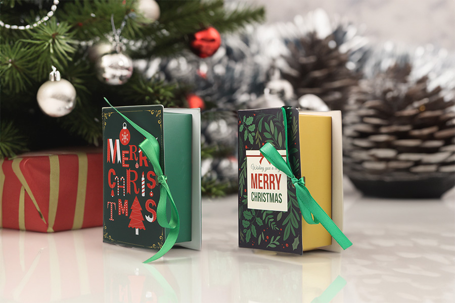Christmas paper box 70x70x195mm with ribbon and greeting card/tag - 10 pcs Christmas paper box 70x70x195mm with ribbon and greeting card/tag - 10 pcs