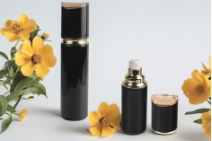 Luxury 40 ml glass bottle in black color with cream pump and acrylic cap