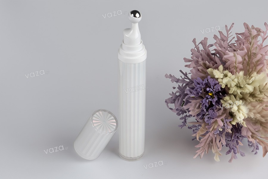 Acrylic bottle 20 ml for cosmetic use in white iridescent color with roll-on and cap