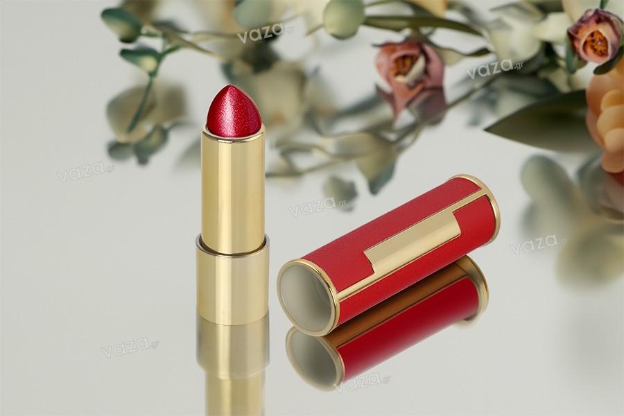 Θήκη για κραγιόν - lip stick 3,5 γρ σε κόκκινο χρώμα με δερμάτινη υφή - 5 τμχ