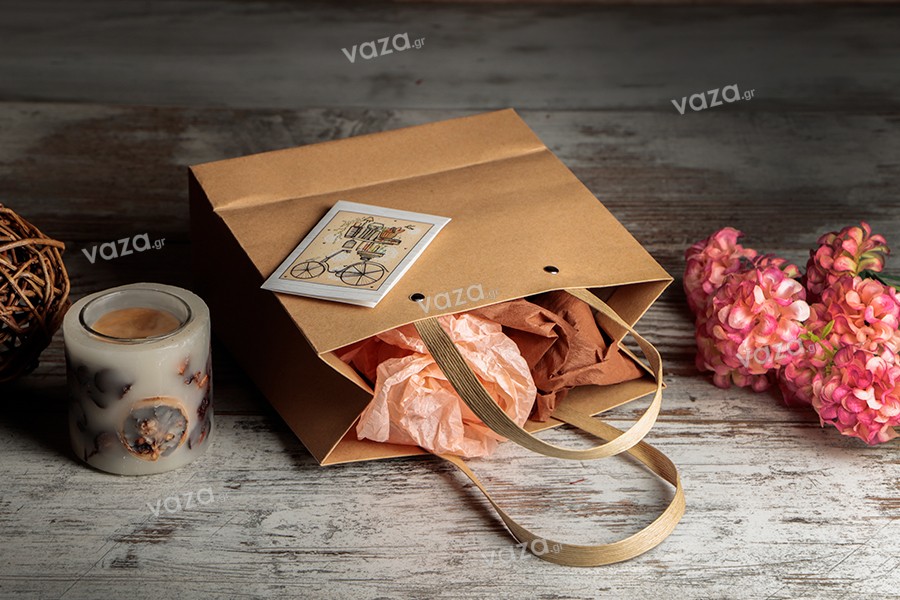 Τσάντα χάρτινη με πλαστικοποιημένο καφέ χερούλι και ασημί τρουκς 200x90x200