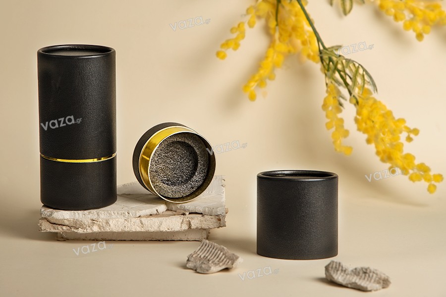 Boîte à papier cylindrique aux dimensions 155 x 74 mm en noir - couleur or