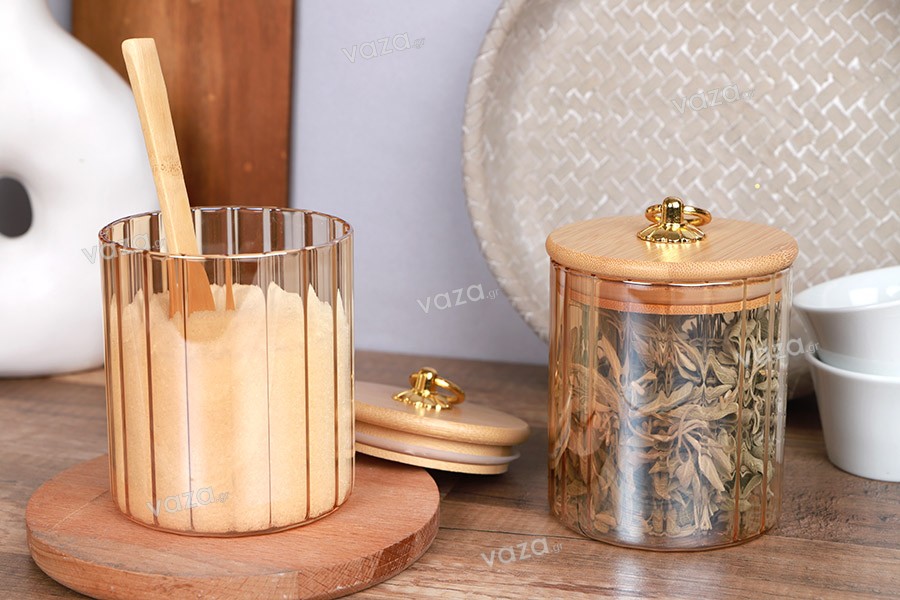 Glass cylindrical jar 500 ml bronze with wooden cap, rubber and gold metal ring