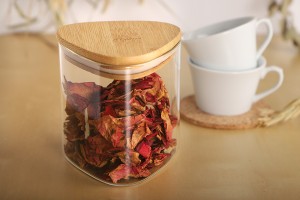 Glass jar 550 ml in triangular shape with wooden cap and rubber-εικόνα_σύνθεση
