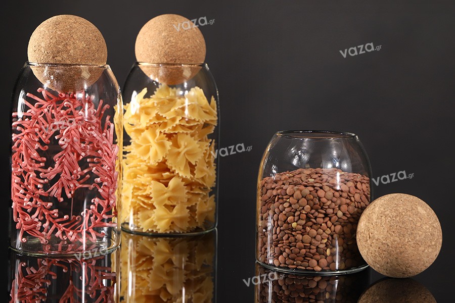 Glass clear jar 800 ml with natural cork in spherical shape