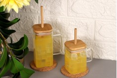 Glass jar 230 ml squared with wooden cap and hole for straw