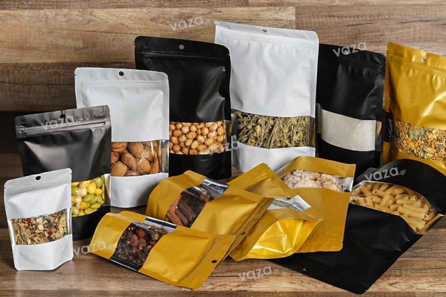 Σακουλάκια αλουμινίου τύπου Doy Pack 180x40x260 mm με κλείσιμο "zip", παράθυρο και δυνατότητα σφράγισης με θερμοκόλληση - 100 τμχ