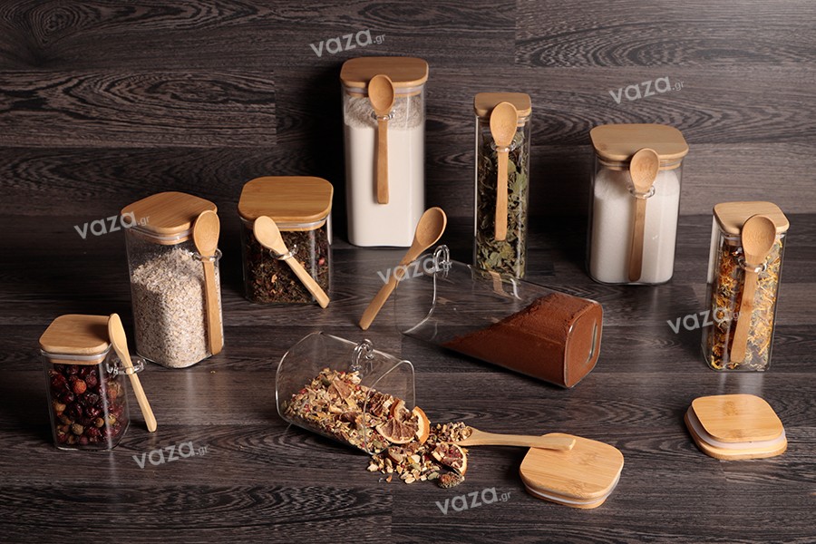 900 ml square glass jar with spoon and rubber sealed wooden lid in size 80x200mm