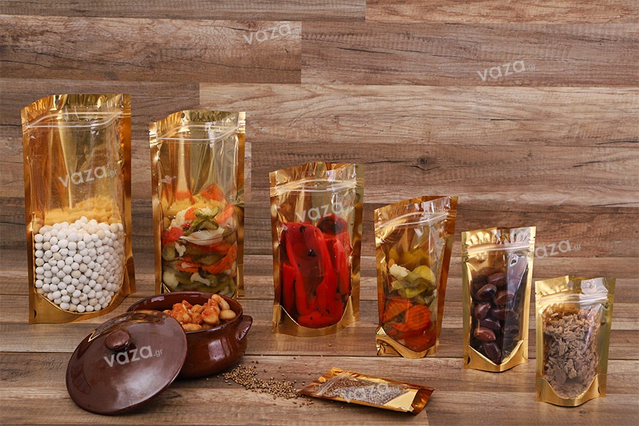 Aluminum Doypack stand-up pouch with zipper, golden back and transparent front side, heat sealable, 100x30x150 mm - 100 pcs