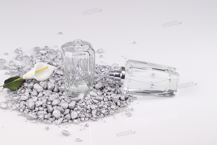 Bottiglia di profumo in vetro 100 ml con beccuccio a crimpare 15 mm in forma speciale