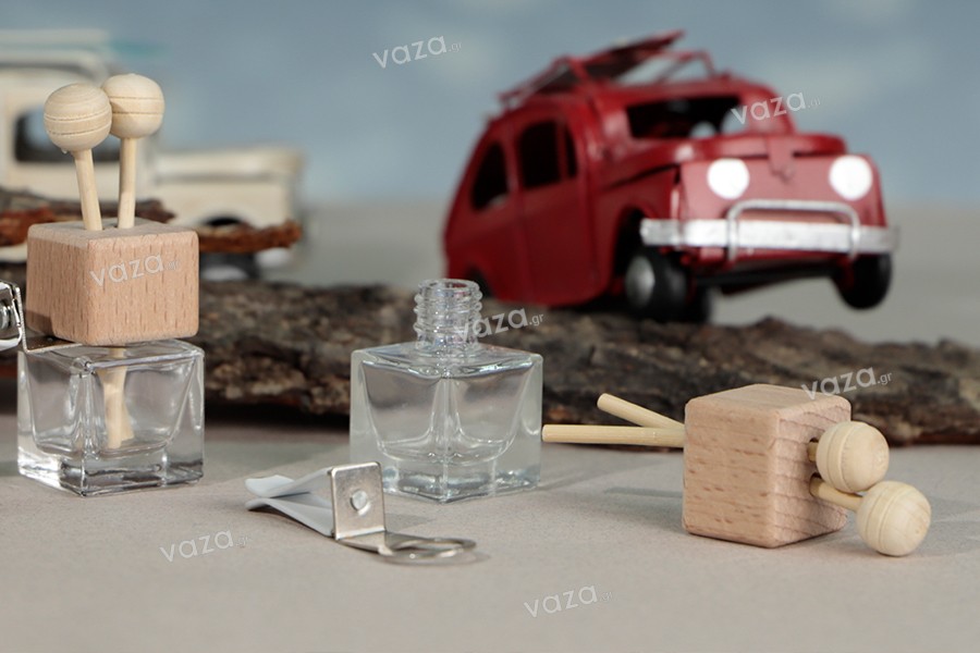 Bottiglia aromatica per auto 7 ml con coperchio in legno, bastoncini e tappo - 25 pz