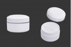 White 150ml plastic jar (PP) with cap, spoon and plastic sealing disc - available in a package with 12 pcs