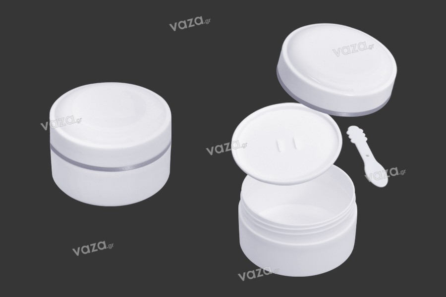 White 150ml plastic jar (PP) with cap, spoon and plastic sealing disc - available in a package with 12 pcs
