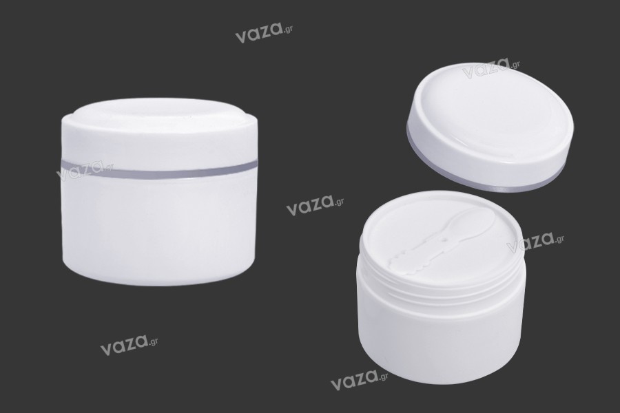 Vasetto da 200 ml in plastica (PP) di colore bianco con tappo, cucchiaino e guarnizione in plastica