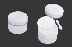 Pot en plastique (PP) de 250 ml de couleur blanche avec couvercle, cuillère et joint en plastique - 12 pcs