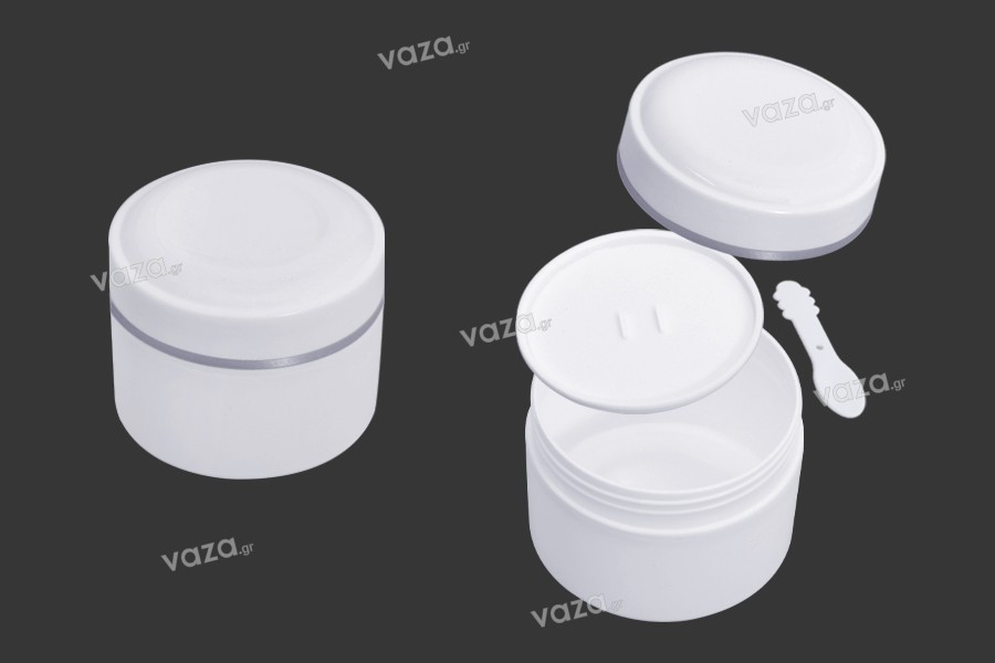 White 250ml plastic jar (PP) with cap, spoon and plastic sealing disc - available in a package with 12 pcs